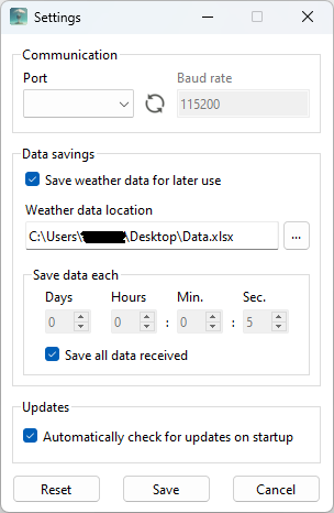 Imagen de la ventana de configuración de EMeteo